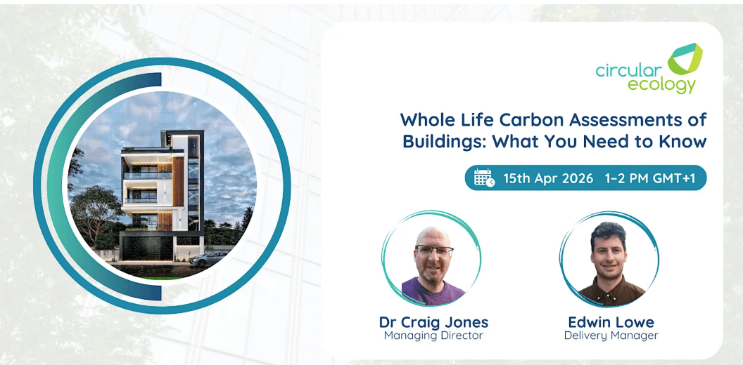 Webinar slide about Whole Life Carbon Assessment, embodied carbon, operational carbon, WLCA tools, standards, and net zero.