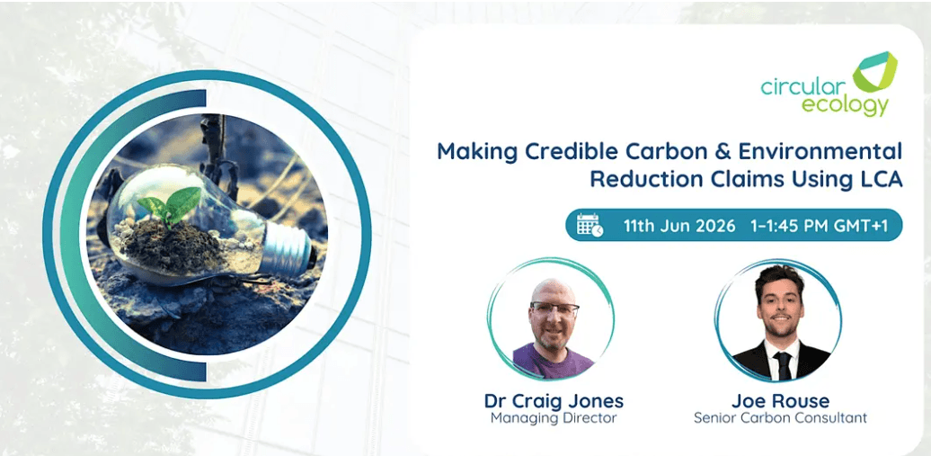 Circular Ecology webinar certificate covering Life Cycle Assessments (LCA), Product Carbon Footprints (PCF), and sustainability reporting.